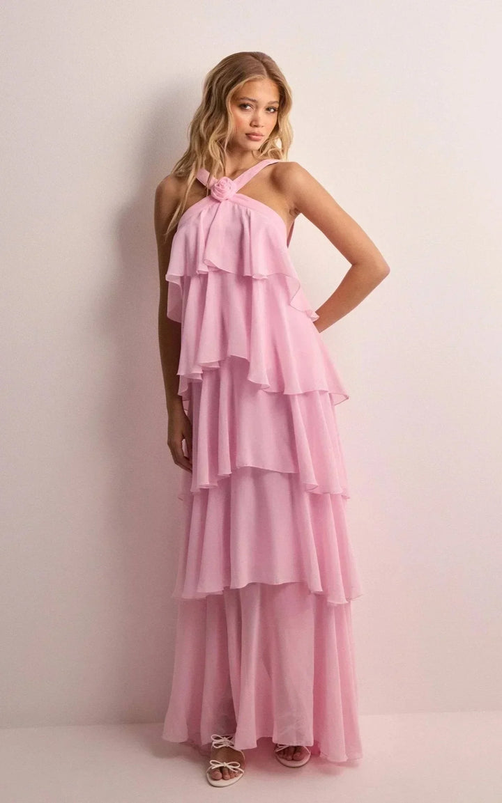 Long Pink Dress with Halter Neck and Floral Ruffles