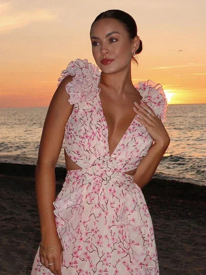 Long Pink Floral Ruffled V-Neck Wrap Dress