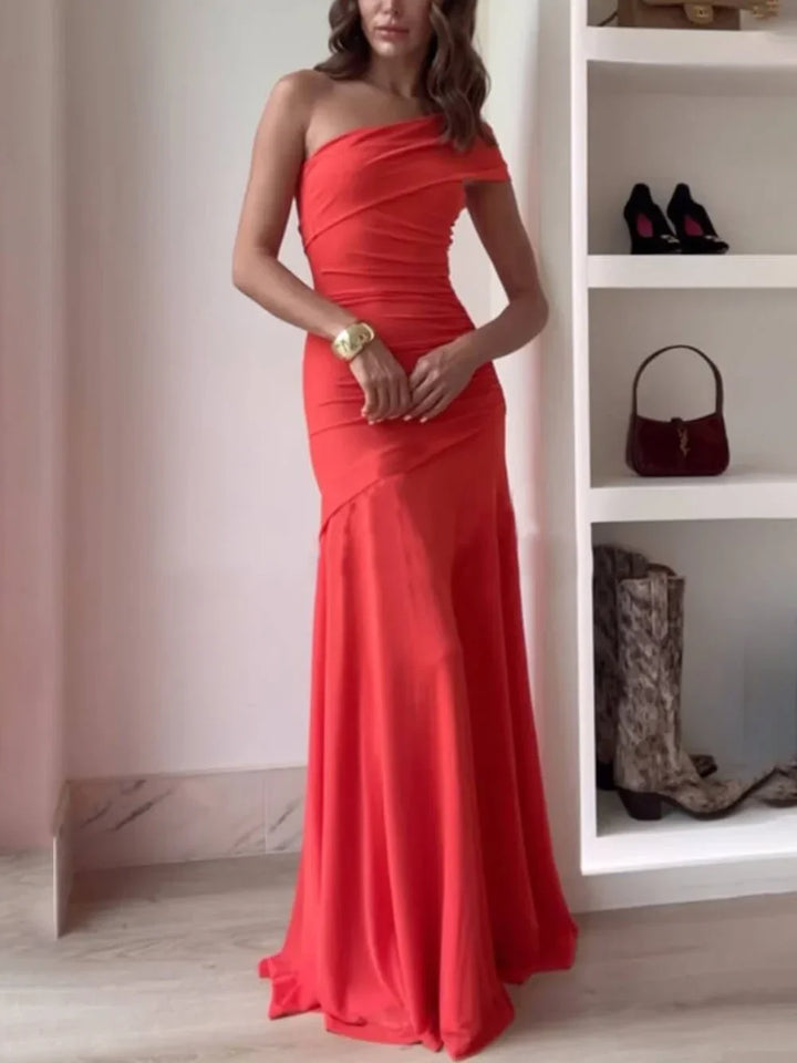 Asymmetrical Gathered Evening Maxi Dress