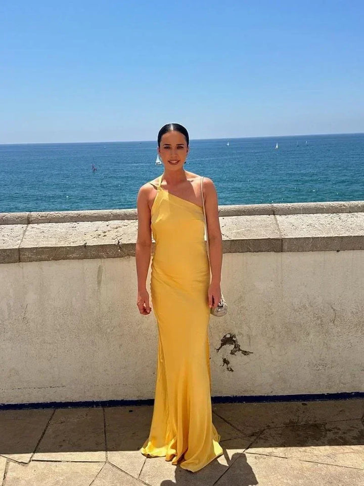 Long Satin Dress with Thin Straps and Open Back for Women