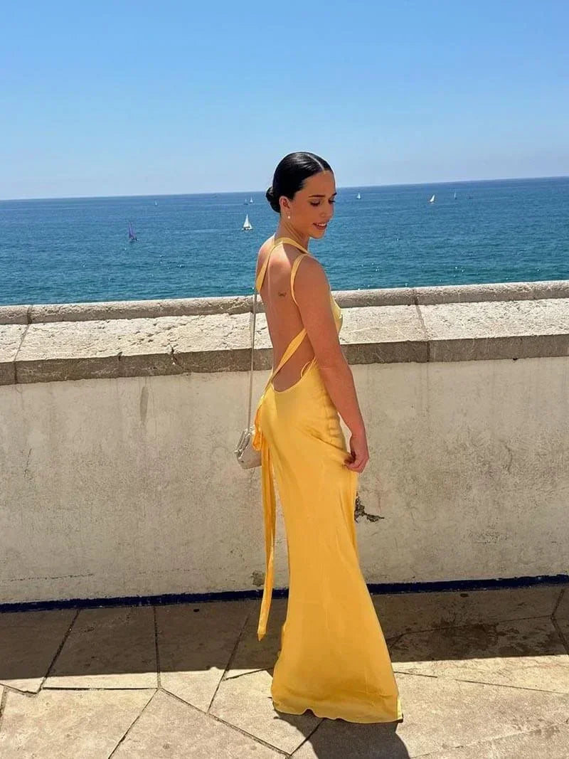 Long Satin Dress with Thin Straps and Open Back for Women