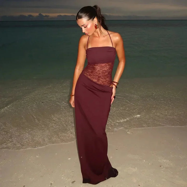 Long Women's Dress with Lace Detail and Backless Design