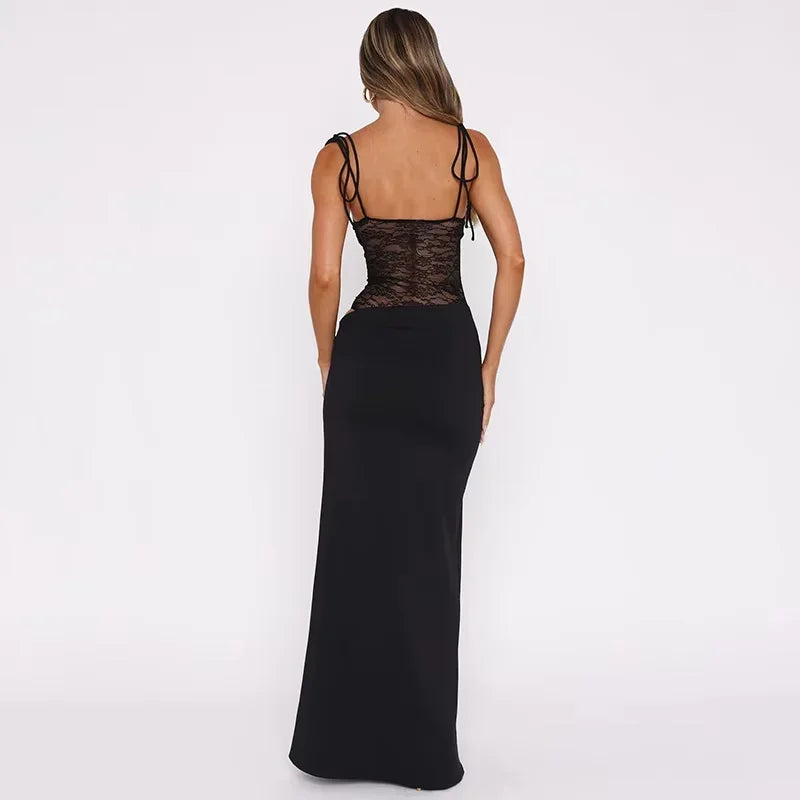 Long Women's Dress with Lace Detail and Backless Design