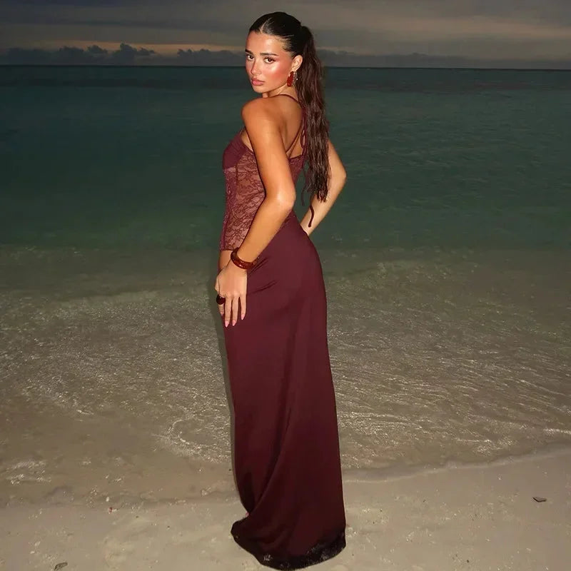 Long Women's Dress with Lace Detail and Backless Design