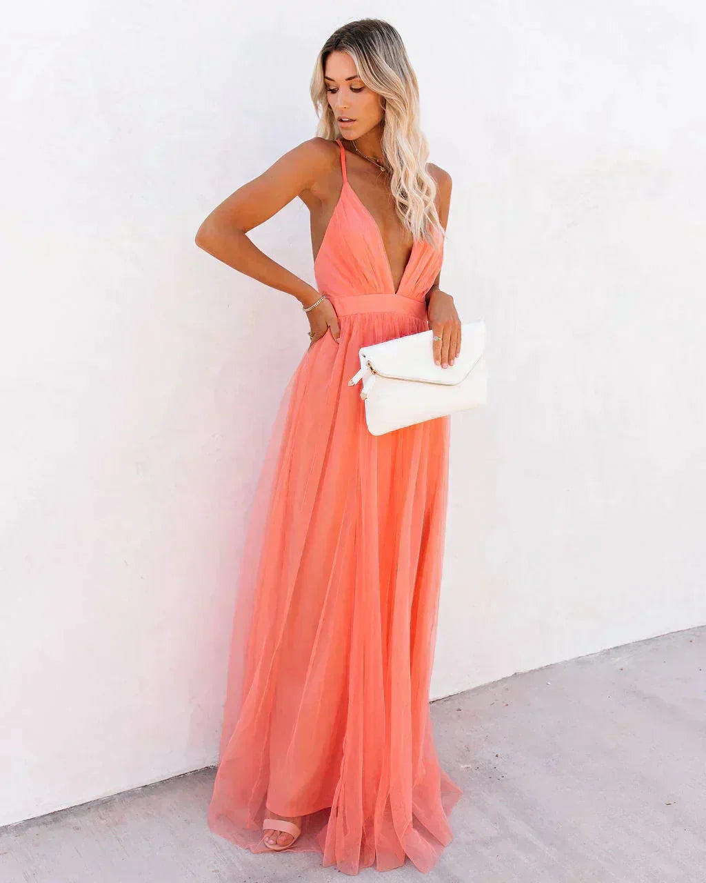 Long Orange Backless Dress with Fine Straps for Summer Evenings