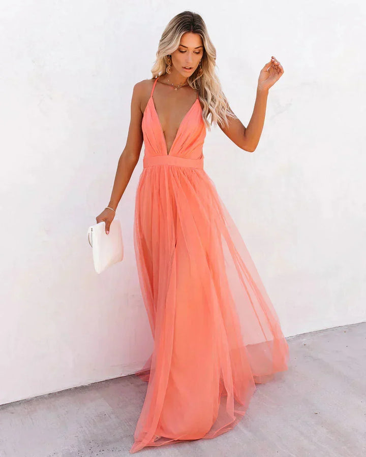 Long Orange Backless Dress with Fine Straps for Summer Evenings