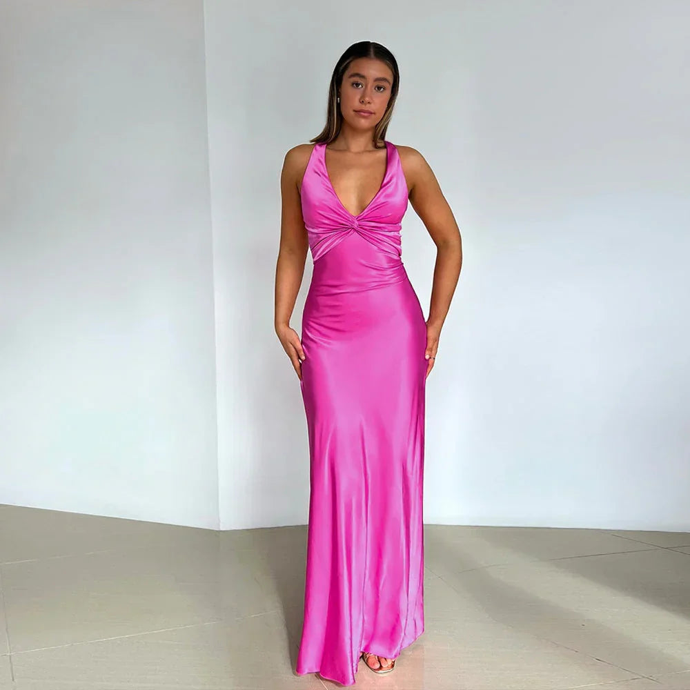 Maxi Dress for Women with Crossover Neckline and Backless Design