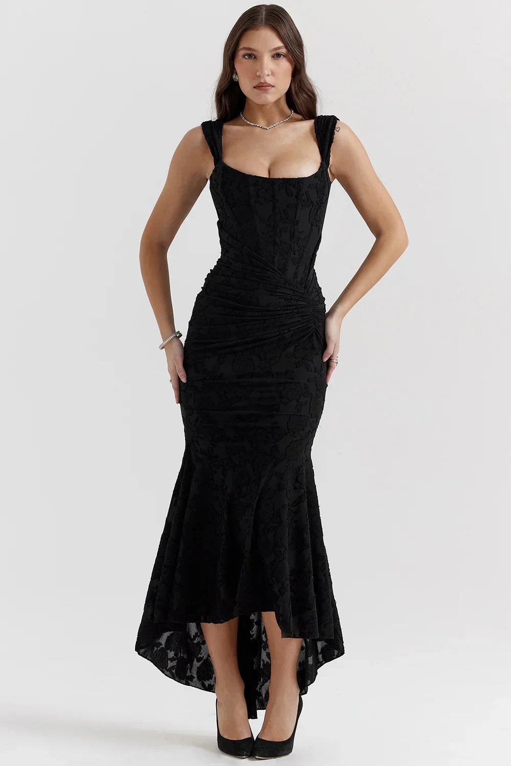 Mid-length floral pattern women's dress with wide straps