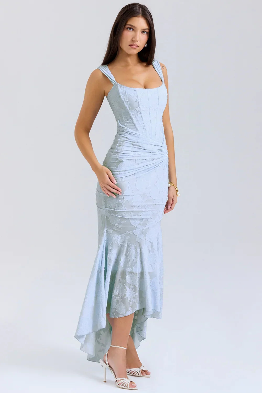Mid-length floral pattern women's dress with wide straps
