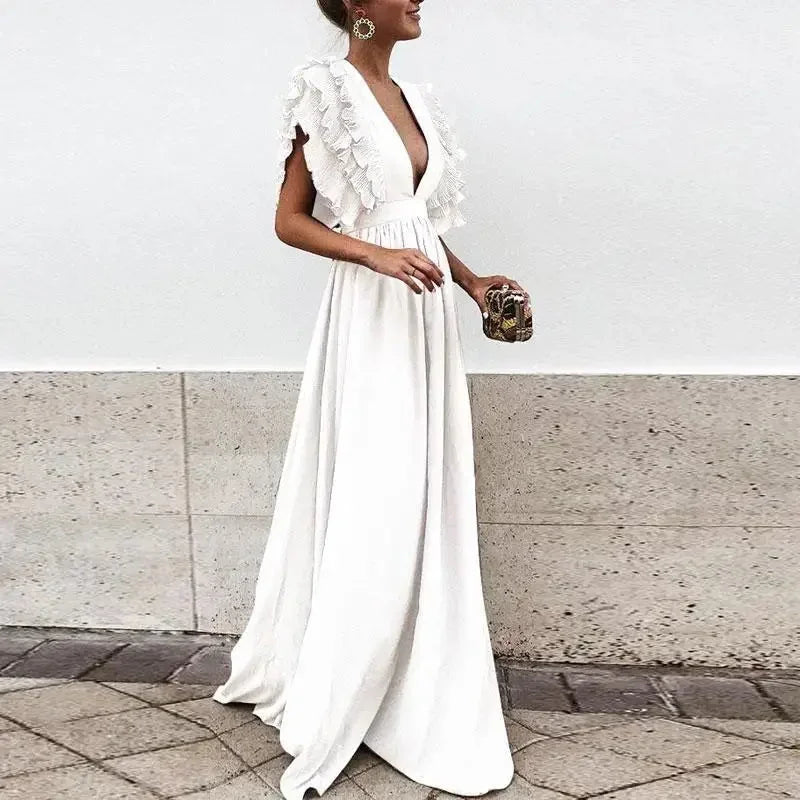 Women's Flowy Dress Ruffled Plunging Neckline