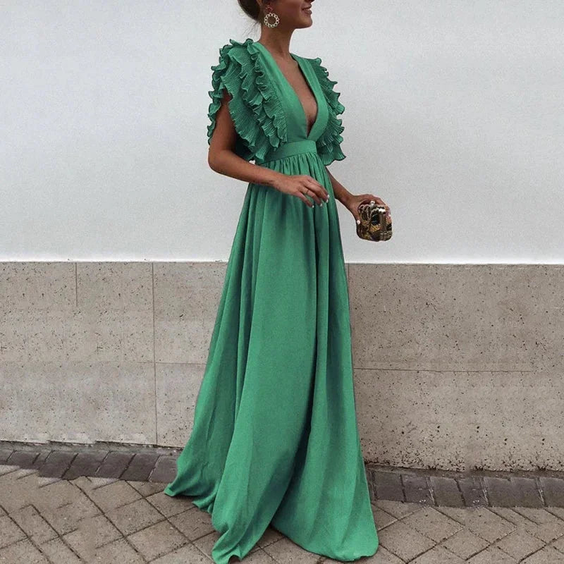 Women's Plunging Neckline Dress Long Ruffled Sleeves