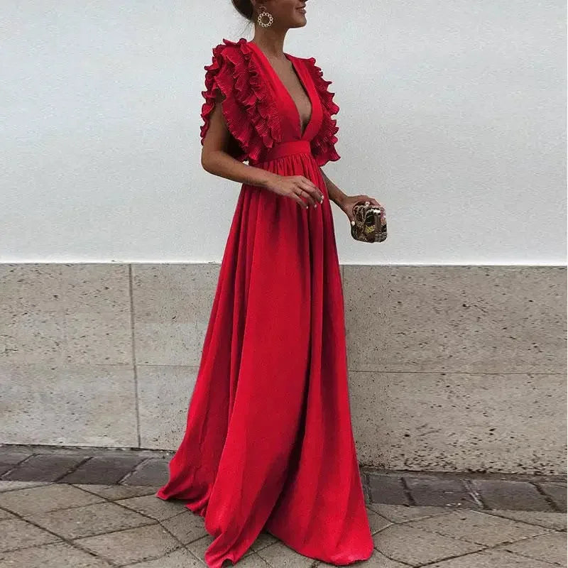 Women's Plunging Neckline Dress Long Ruffled Sleeves