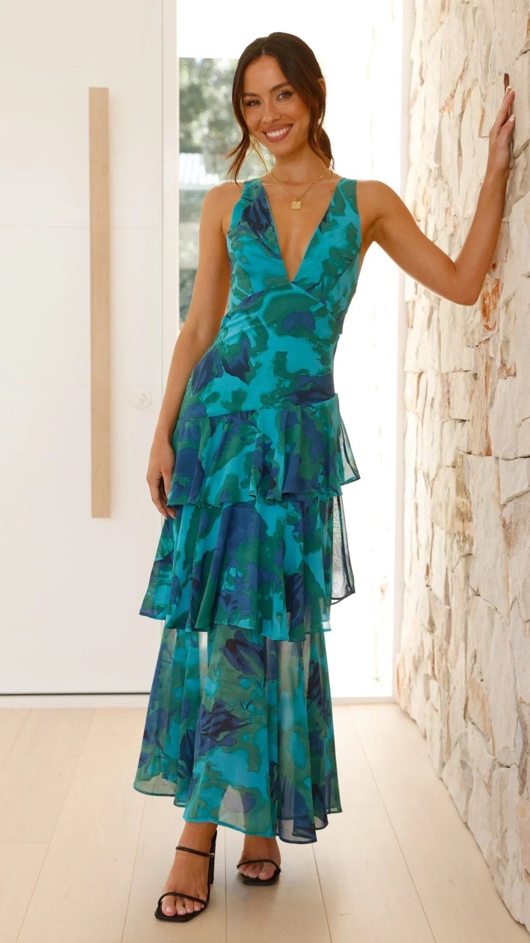 Women's Long Printed Ruffle Dress without Sleeves