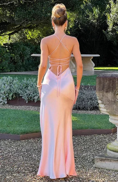 Long Satin Evening Dress with V-Neck and Thin Straps