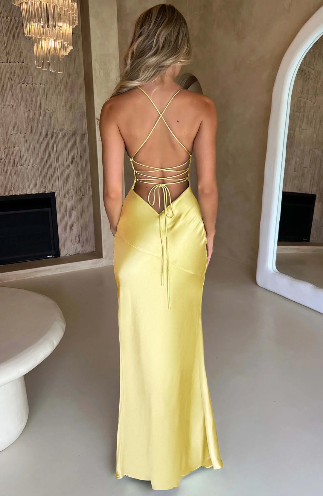 Long Satin Evening Dress with V-Neck and Thin Straps