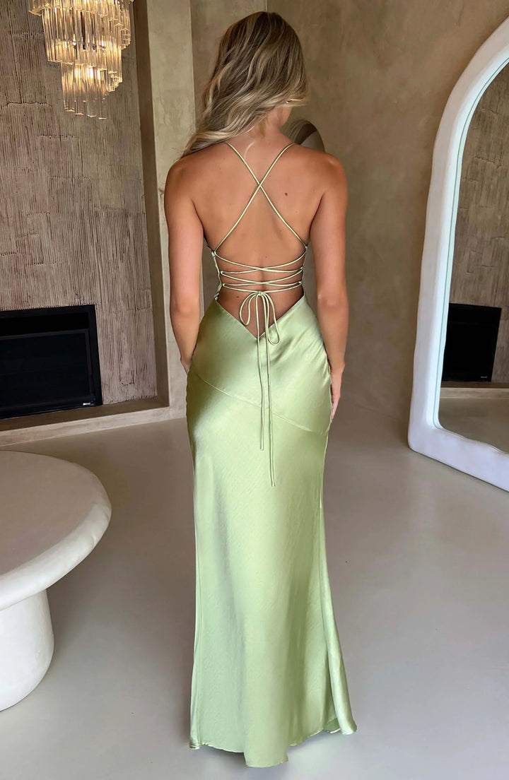 Long Satin Evening Dress with V-Neck and Thin Straps