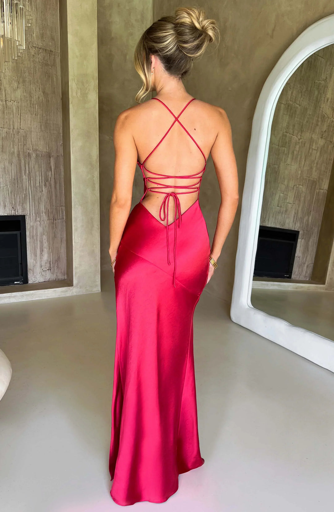 Long Satin Evening Dress with V-Neck and Thin Straps