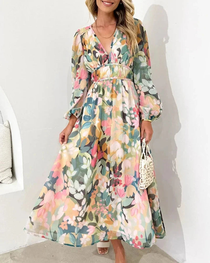 V-Neck Floral Dress Long Sleeve Spring Wedding