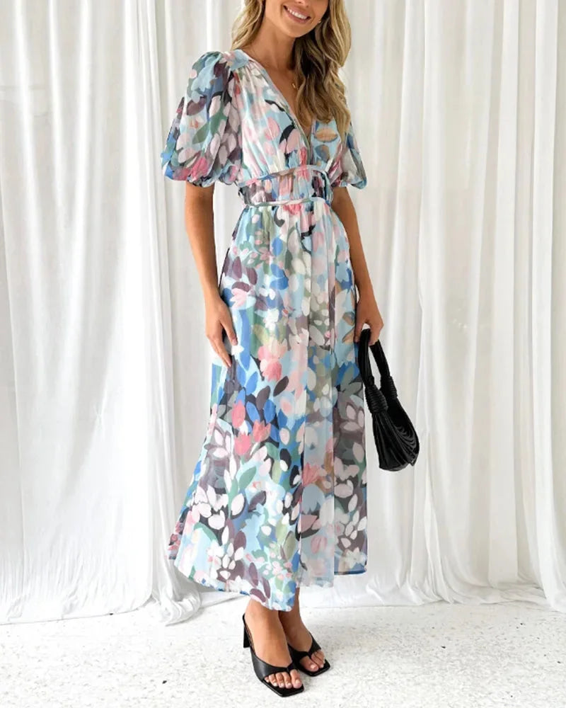 V-Neck Floral Dress Long Sleeve Spring Wedding