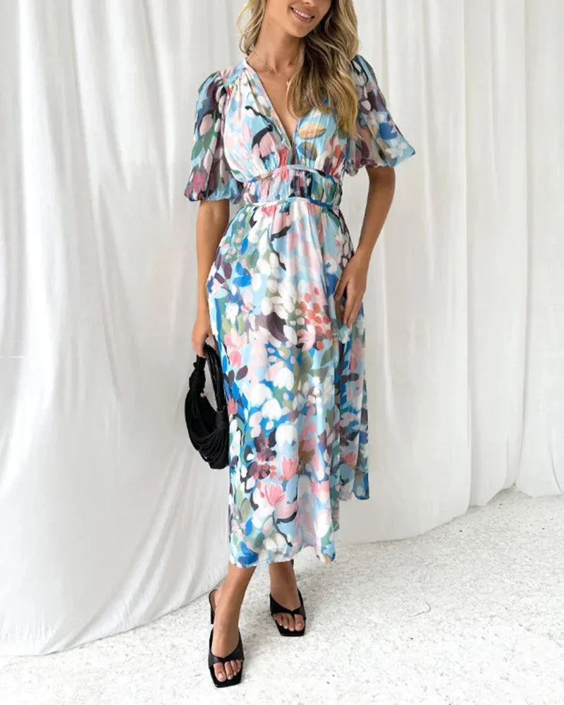 V-Neck Floral Dress Long Sleeve Spring Wedding
