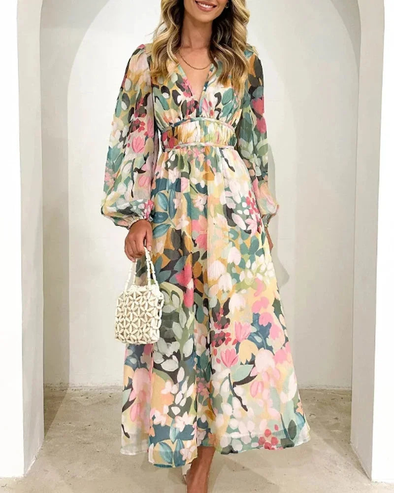 V-Neck Floral Dress Long Sleeve Spring Wedding