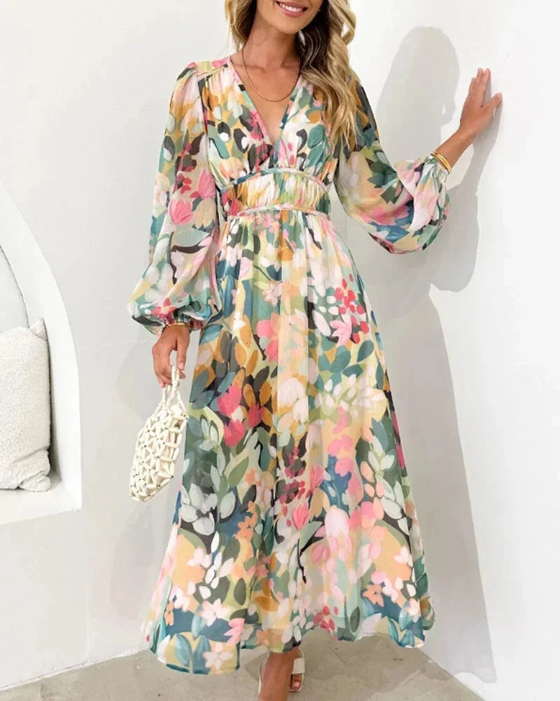 V-Neck Floral Dress Long Sleeve Spring Wedding