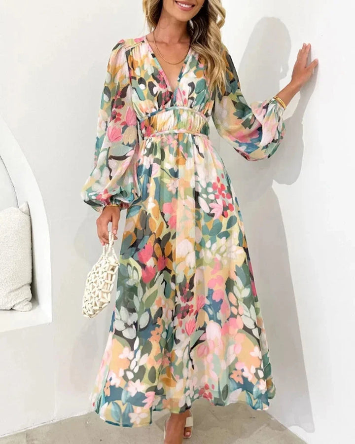 V-Neck Floral Dress Long Sleeve Spring Wedding