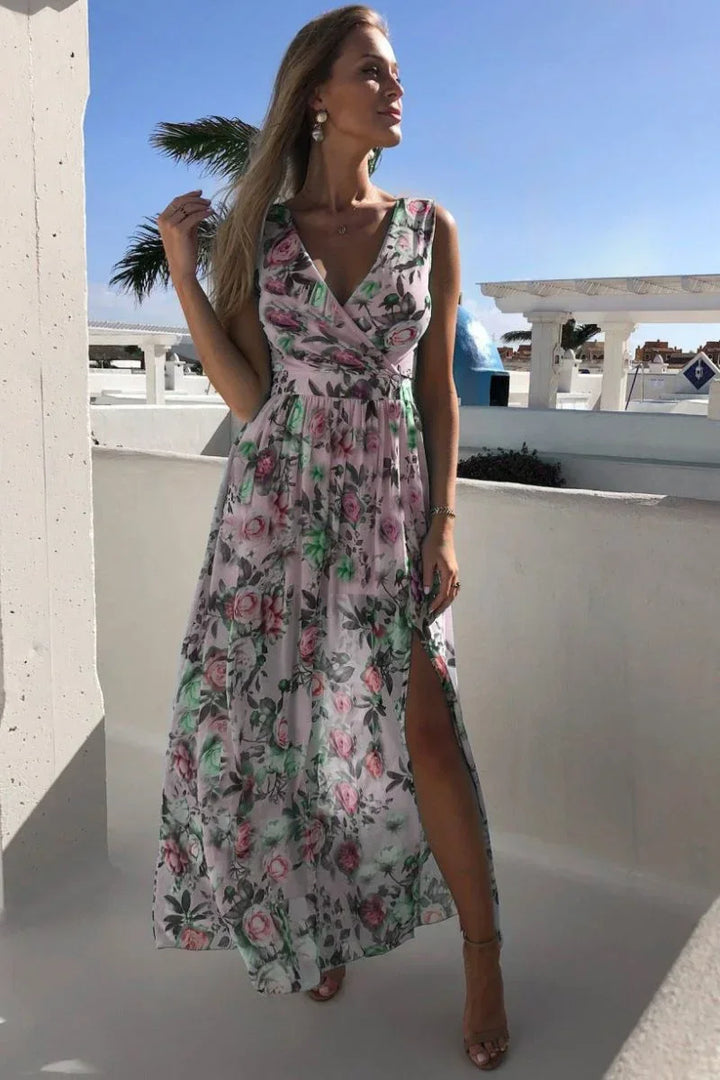 Sleeveless Long Dress with Floral Slit for Summer