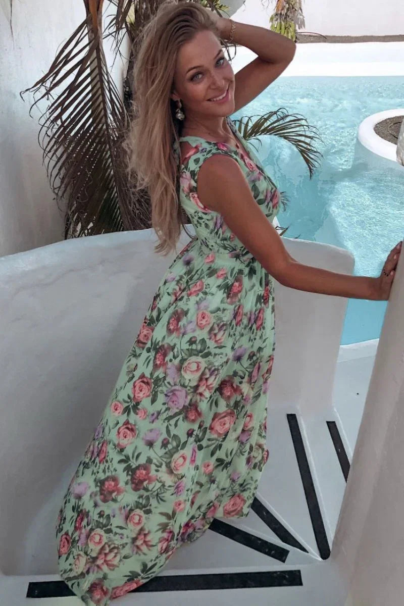 Sleeveless Long Dress with Floral Slit Summer