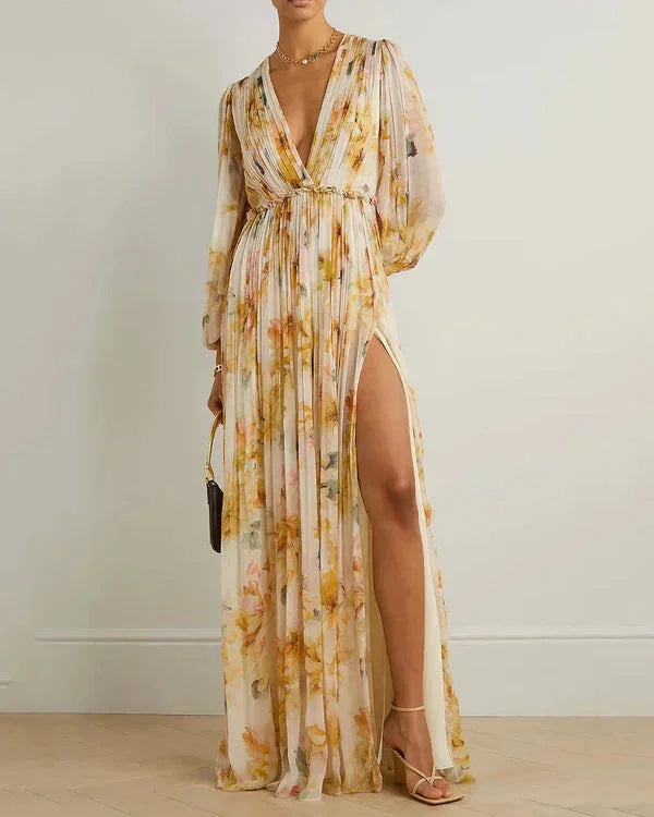 Floral V-Neck Dress with Slit