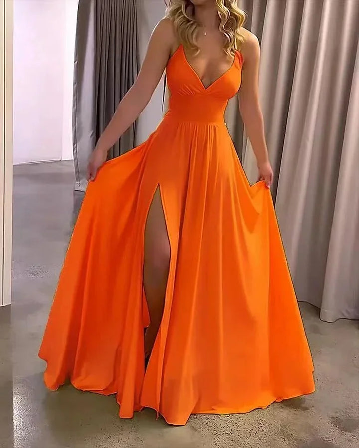 Long flowing split dress with plunging neckline