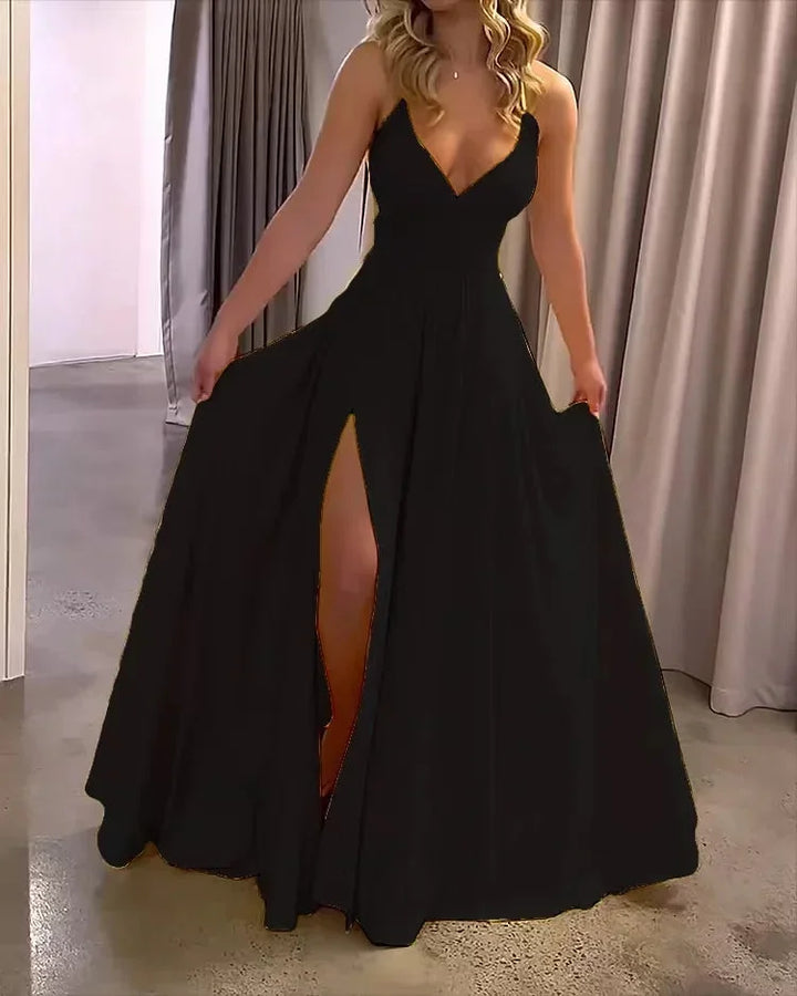 Long flowing split dress with plunging neckline