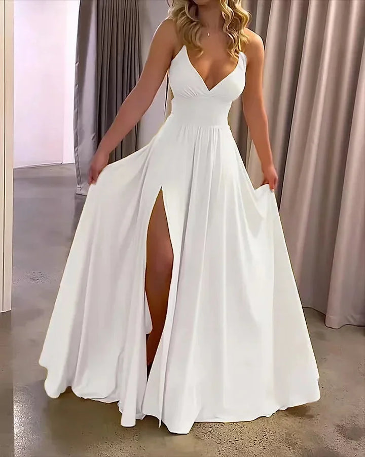 Long flowing split dress with plunging neckline