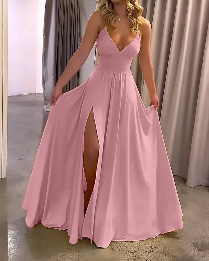 Long flowing split dress with plunging neckline