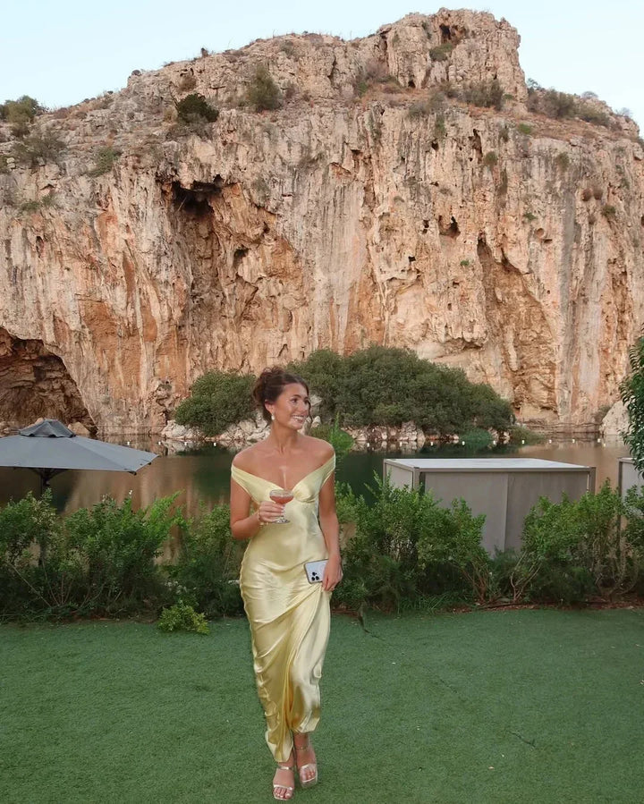 Long Satin Dress with Off-the-Shoulder Design
