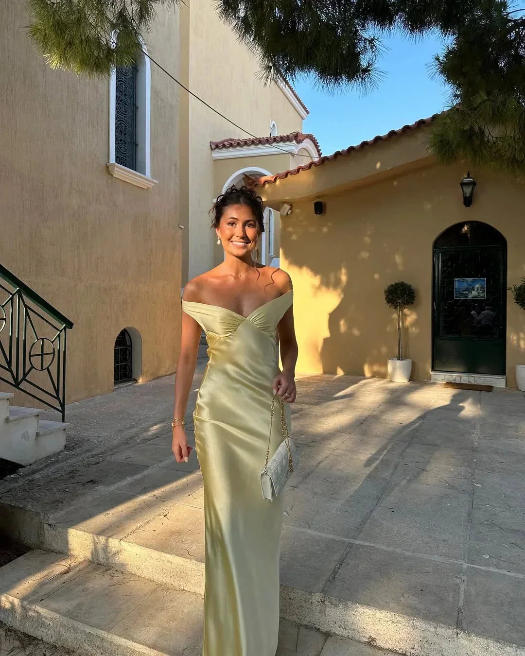 Long Satin Dress with Off-the-Shoulder Design