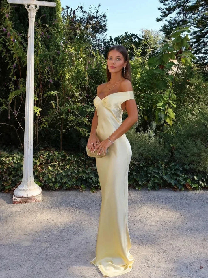 Long Satin Dress with Off-the-Shoulder Design