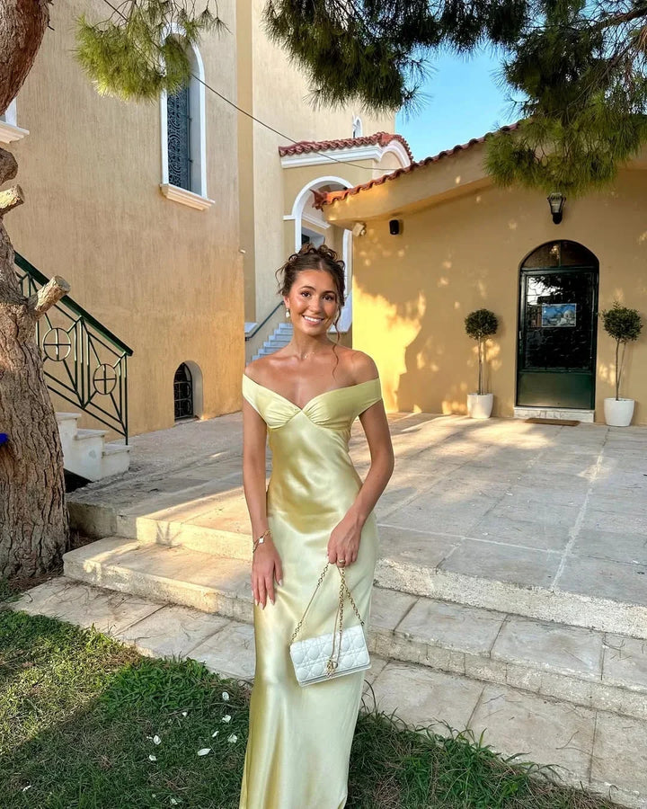 Long Satin Dress with Off-the-Shoulder Design