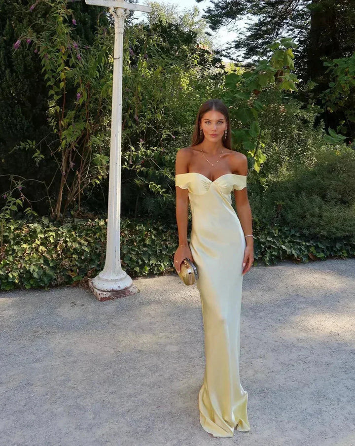 Long Satin Dress with Off-the-Shoulder Design