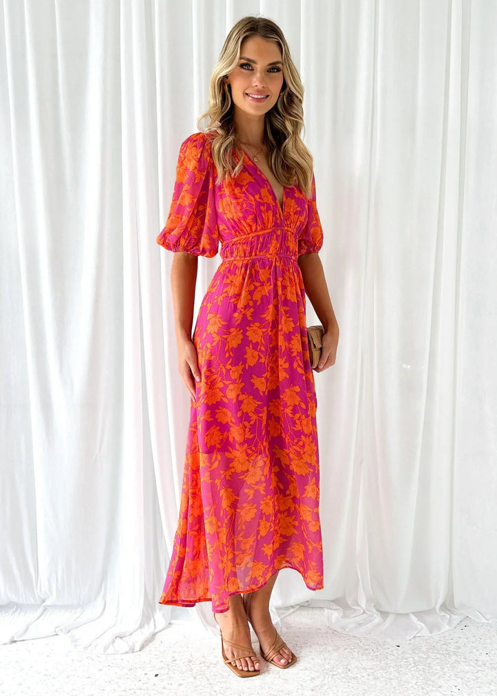 Long Floral Women's Dress in Pink with Short Sleeves and V-Neck