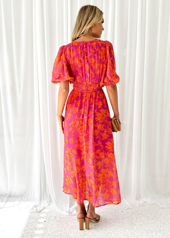 Long Floral Women's Dress in Pink with Short Sleeves and V-Neck