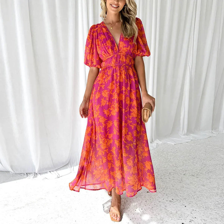 Long Floral Women's Dress in Pink with Short Sleeves and V-Neck