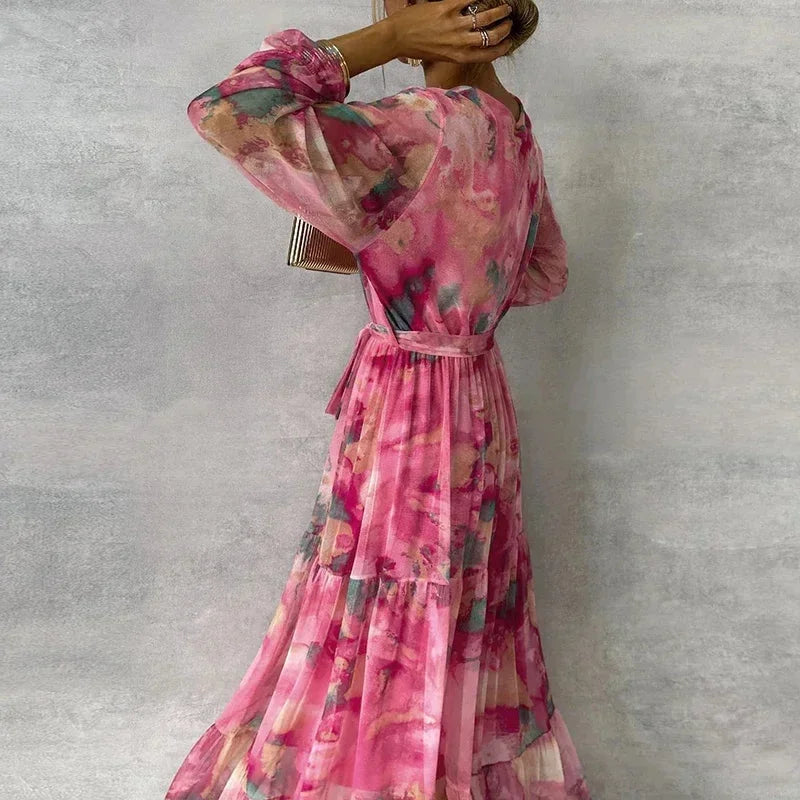 Long printed pink dress for women with belt and long sleeves