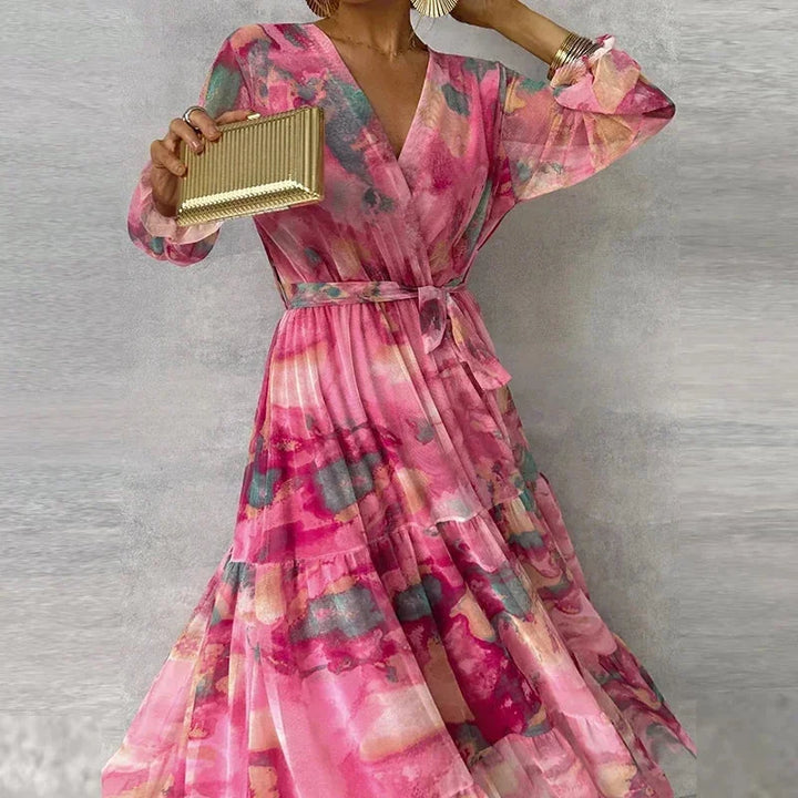 Long printed pink dress for women with belt and long sleeves