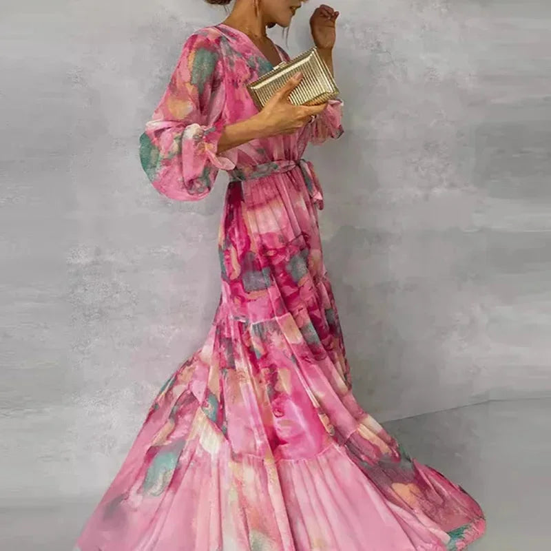 Long printed pink dress for women with belt and long sleeves