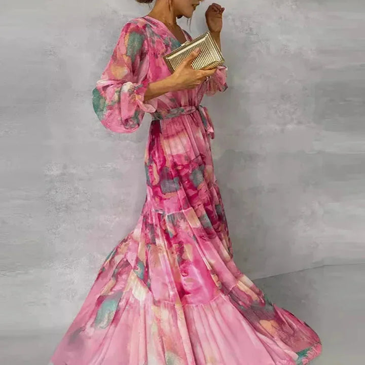 Long printed pink dress for women with belt and long sleeves