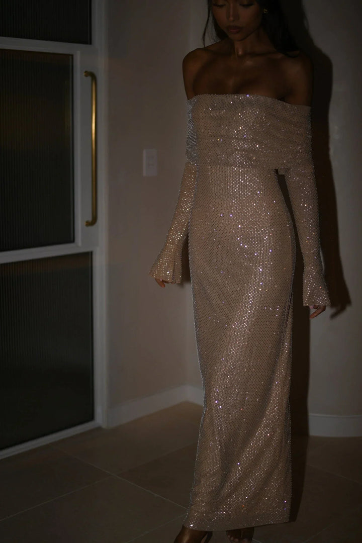 Long Shimmering Dress with Long Sleeves and Off-Shoulder Design