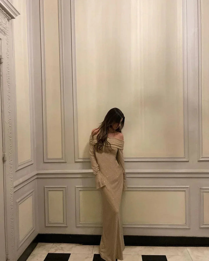 Long Shimmering Dress with Long Sleeves and Off-Shoulder Design