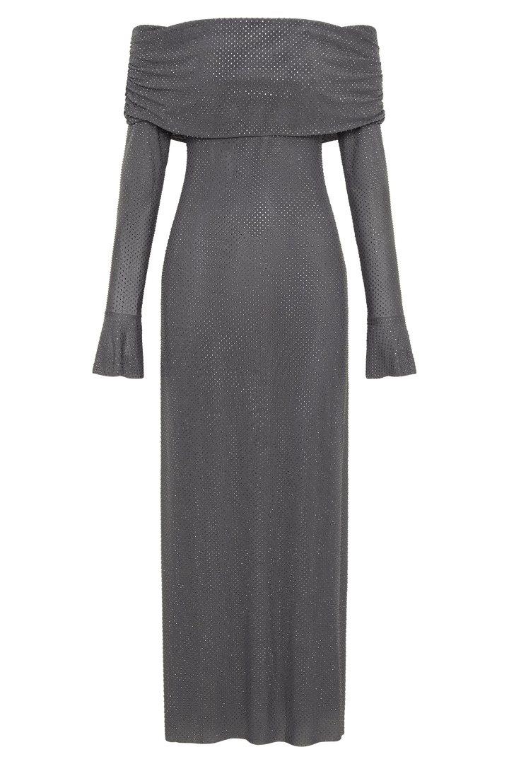 Long Shimmering Dress with Long Sleeves and Off-Shoulder Design