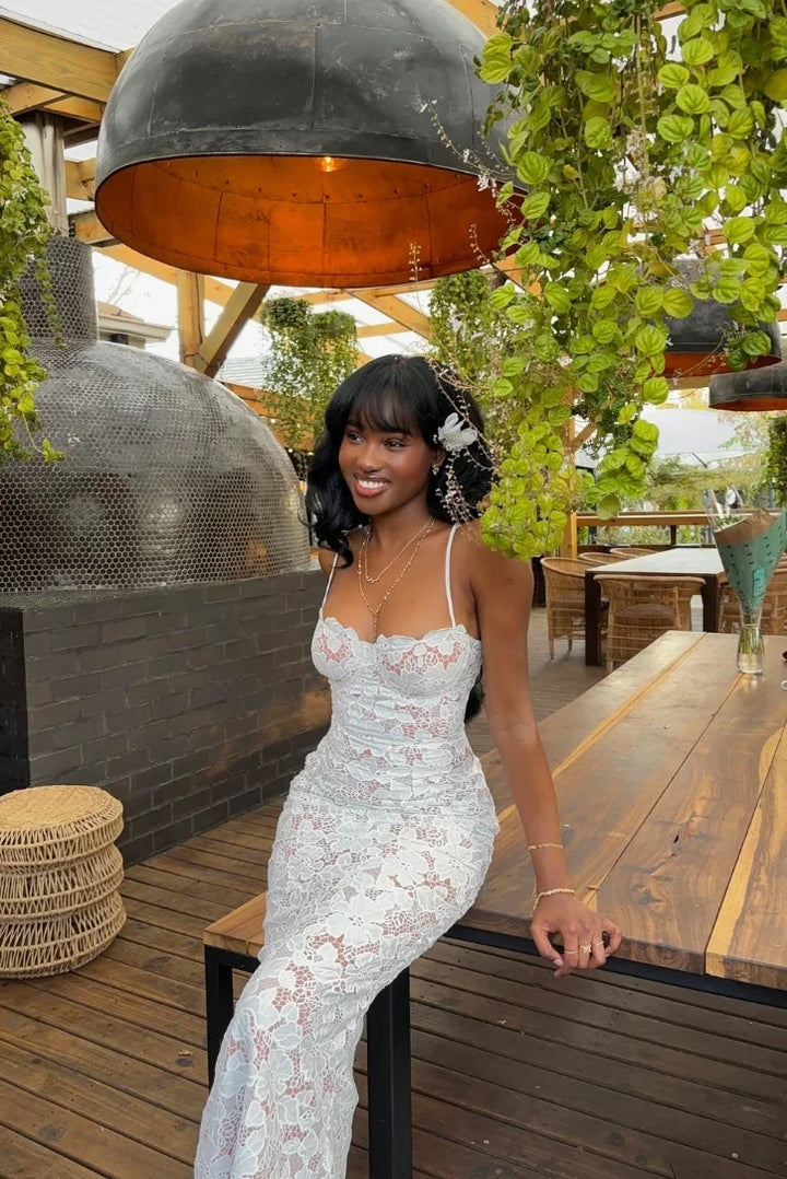 Long Fitted White Lace Dress with Thin Straps